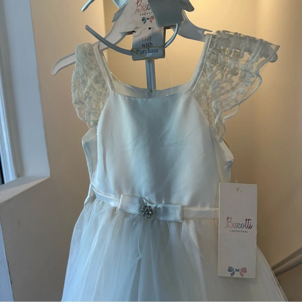 Biscotti Flower Girl White Dress with Lace Shoulders & Matching Bow Headband